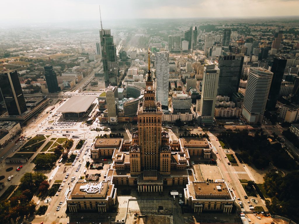 Aerial View of the Palace of Culture and Science in Warsaw, Poland